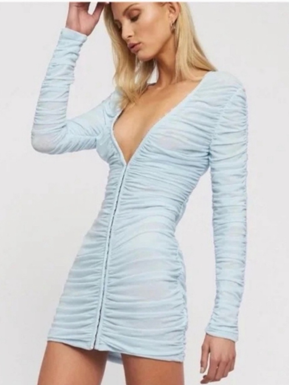 Lioness Light Blue Ruched Deep V Long Sleeve Mini Dress